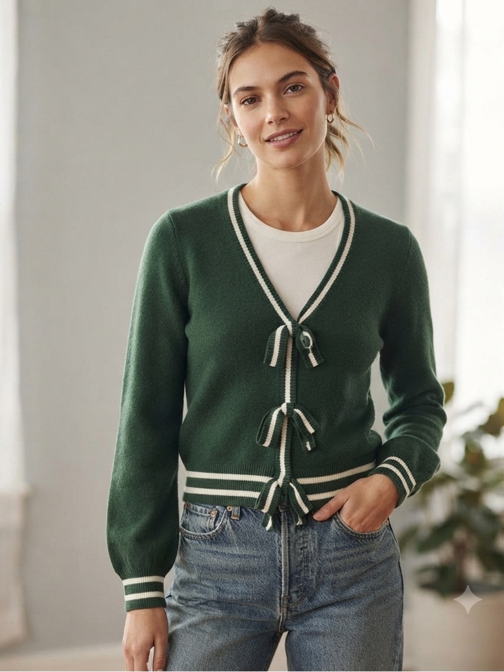 Main Strip Green & White Bow Tie Striped Cardigan Sweater. Women’s Medium